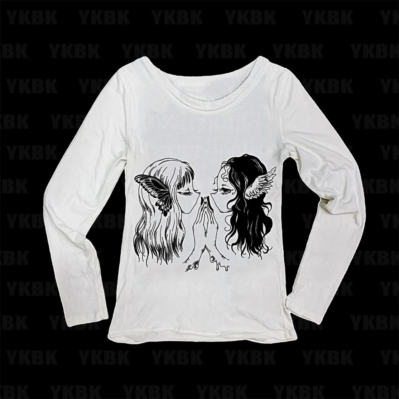 Dark Art Twin Angel Girls Butterfly Wing Print Women Long Sleeve Tee Aesthetic Goth O Neck Slim Casual Ladies T Shirt