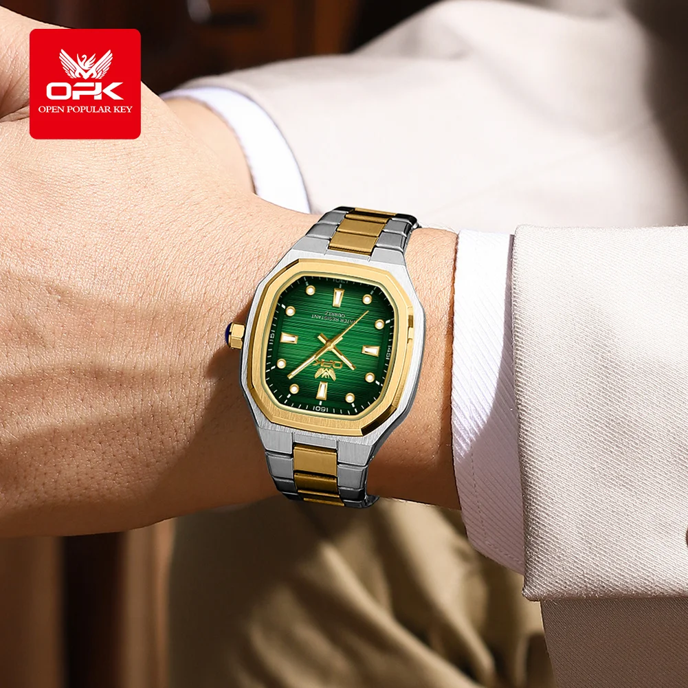 OPK 6044 ساعات رجالية أصلية من الفولاذ المقاوم للصدأ مقاومة للماء ساعة رجالية جديدة بمينا مربع ساعة كوارتز مضيئة للرجال