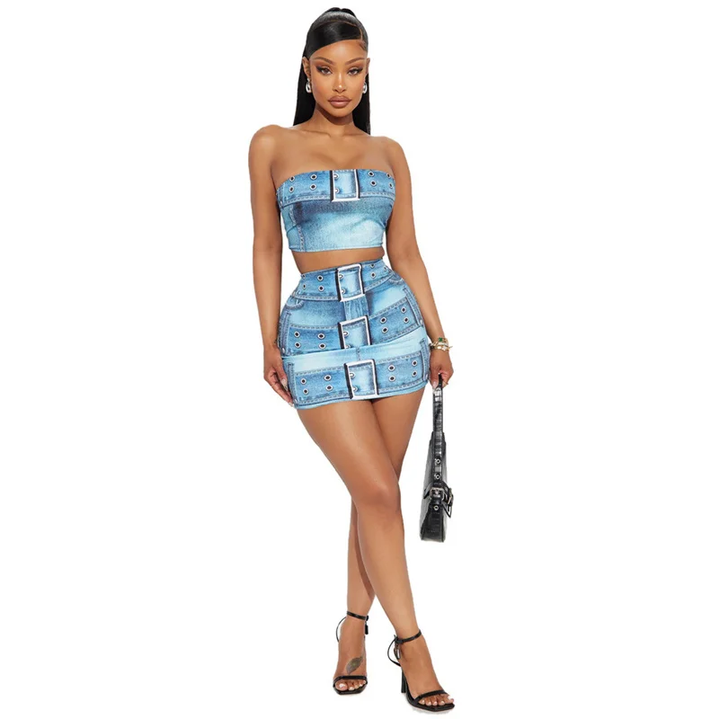 Skinny Faux Denim 3D Print Two Piece Sets Women Strapless Stretchy Slim Tank Crop Top and Mini Skirts Sexy Party Club Outfits