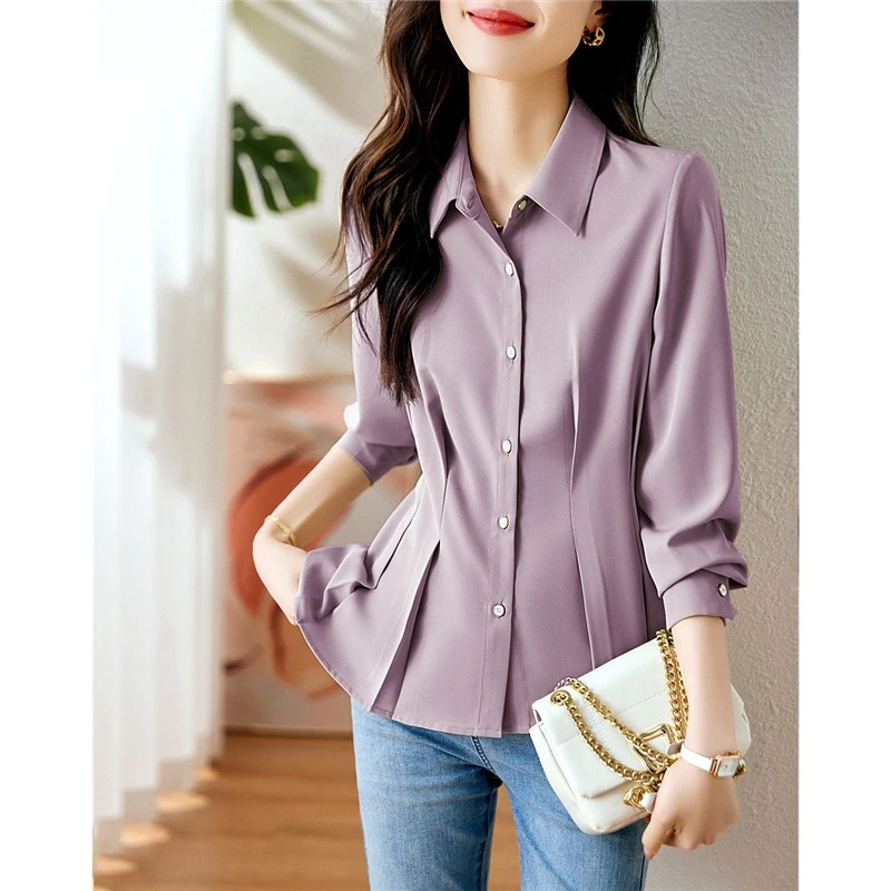 Women Ruffled Elegant Chic Button Shirts Korean Fashion Simple Business Casual Office Lady Blouse Solid Long Sleeve Tops Blusas