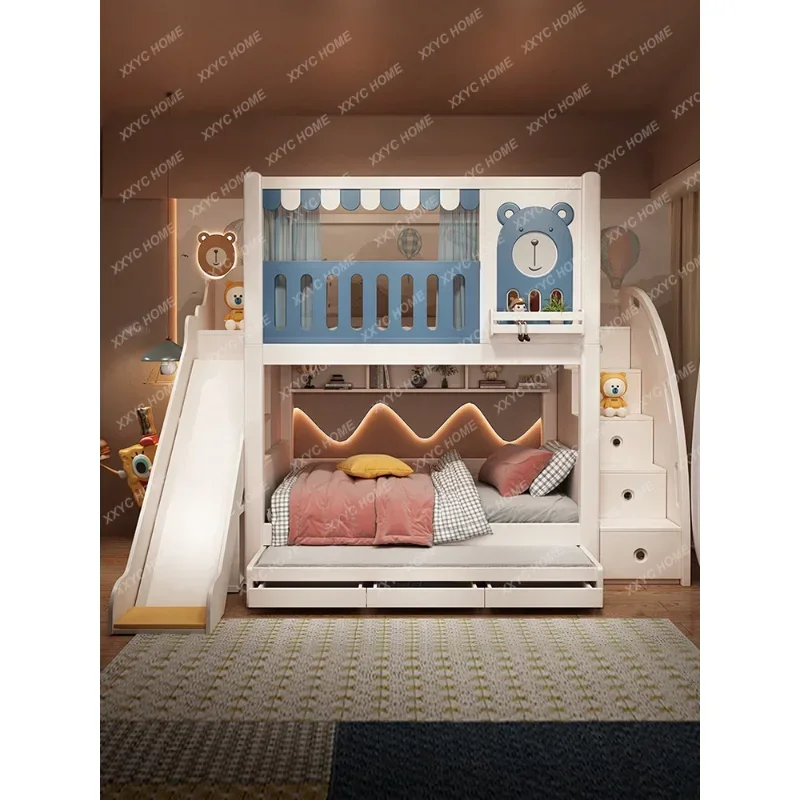 Children\'s High Guardrail Bunk Girl Princess Height-Adjustable Bunk Slide for Kids Wooden Bed