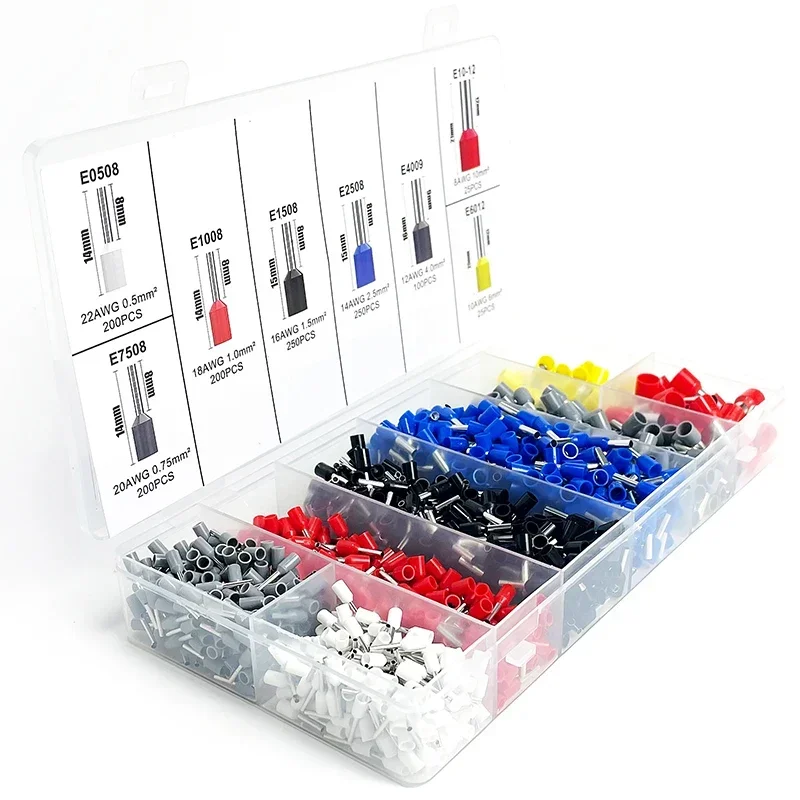 200/450/800/1250/1800/1900Pcs Durable Crimp Terminals for Electrical Wire and Cable with Ring Connectors E0508 E7508 E1008 E1508