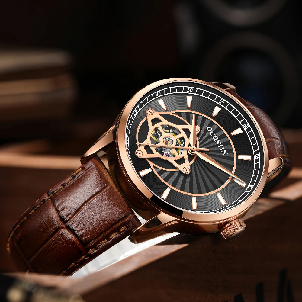

Мужские механические часы OCHSTIN с кожаным ремешком, автоматические, классические, черные, спортивные, роскошные, скелетонизированные, наручные часы Relogio Masculino