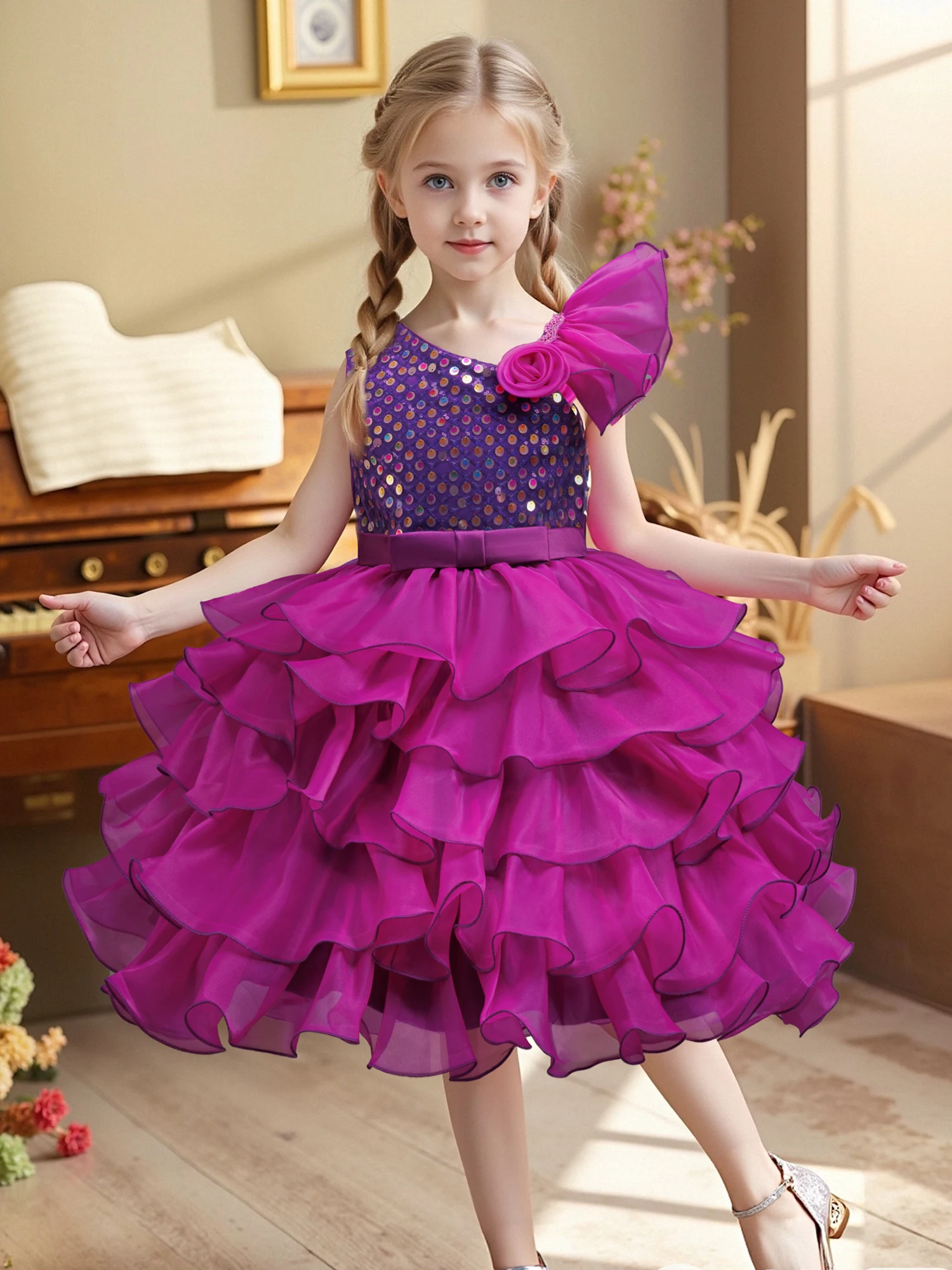 HETISO Flower Girls Elegant Party Dress Graduation Ball Gown Children's Pageant Layered Dance Dress for Ages 4-12