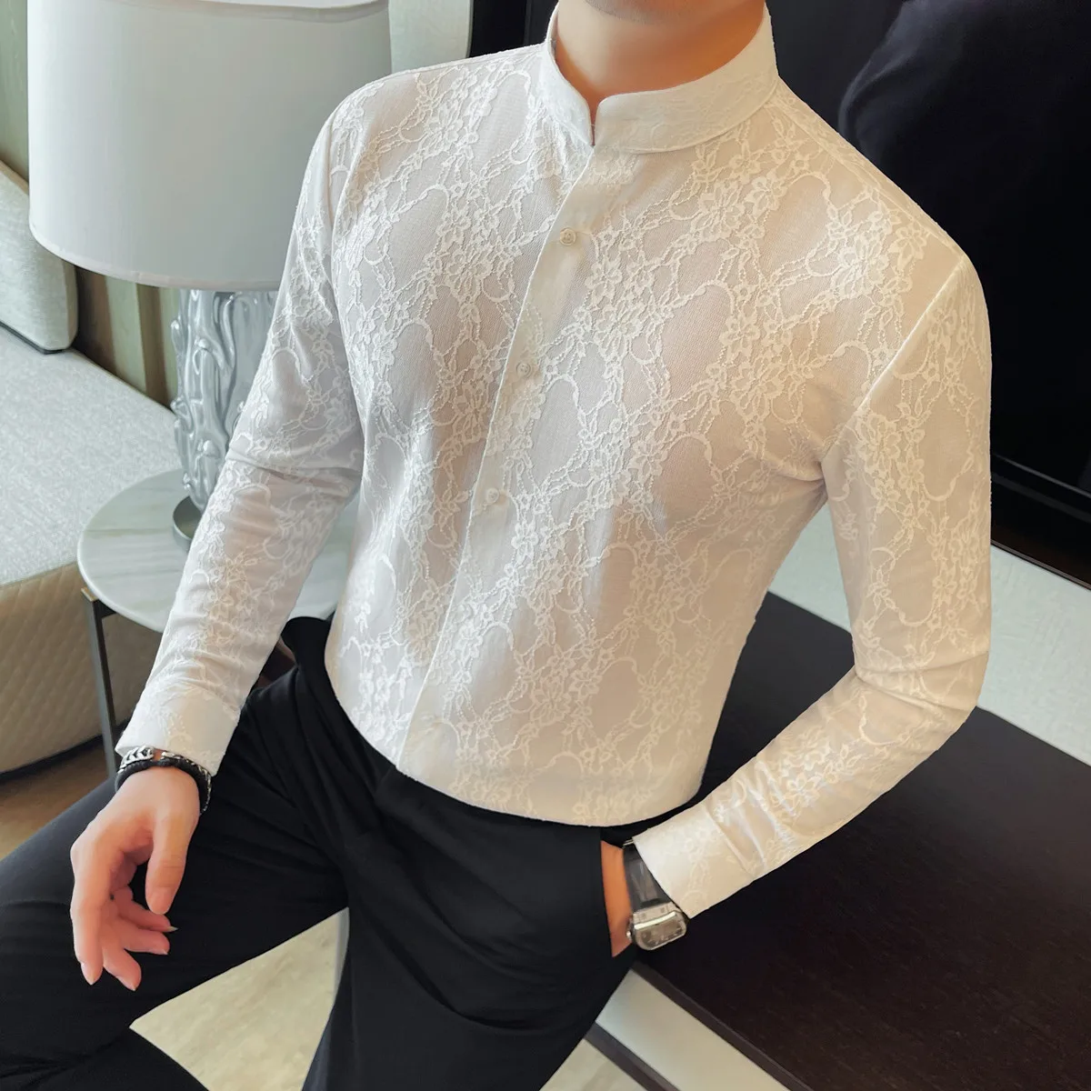 Seexy Hollow Lace Jacquard Long Sleeved Shirt Men Fashion Slim Fit Stand Up Collar Casual Shirts Social Banquet Party Costumes