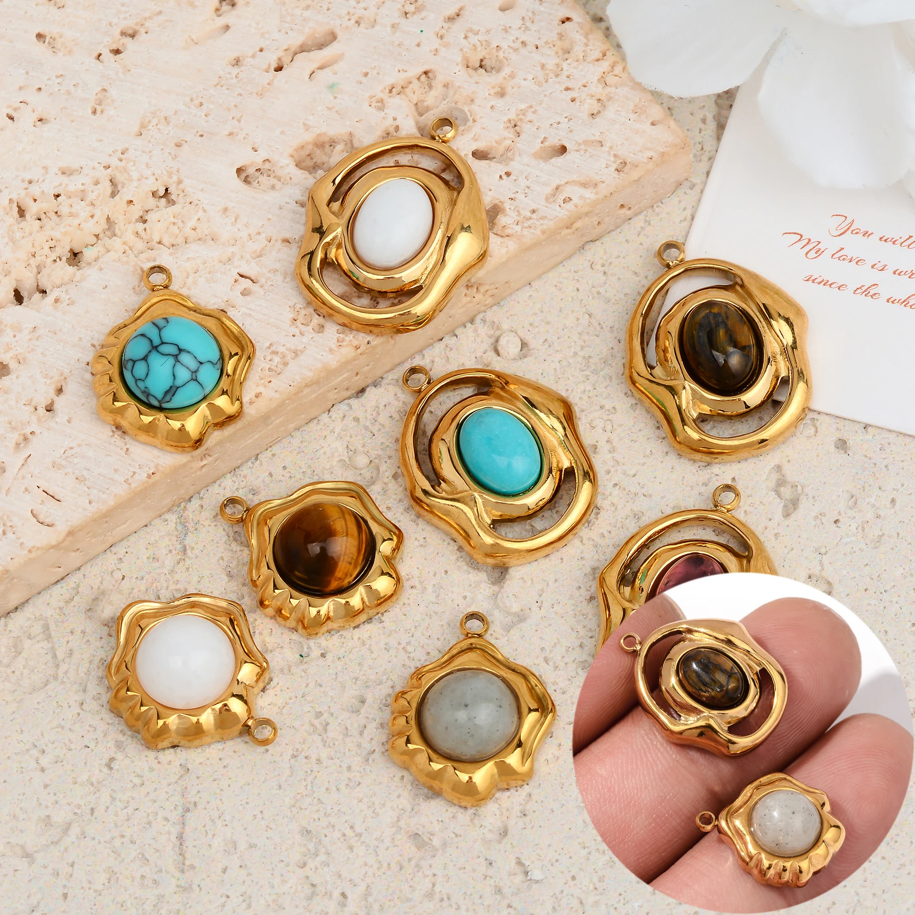 5pcs Natural Stone Irregular Charm Bohemia Stainless Steel Pendant For Woman's DIY Necklace Bracelet Earring Jewelry Accessories