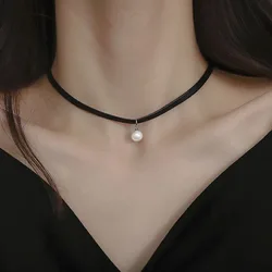 Kpop Cortical Thin Clavicle Chain Collar Simple INS imitation Pearl Pendant Choker Necklace For Women Neck Strap Jewelry