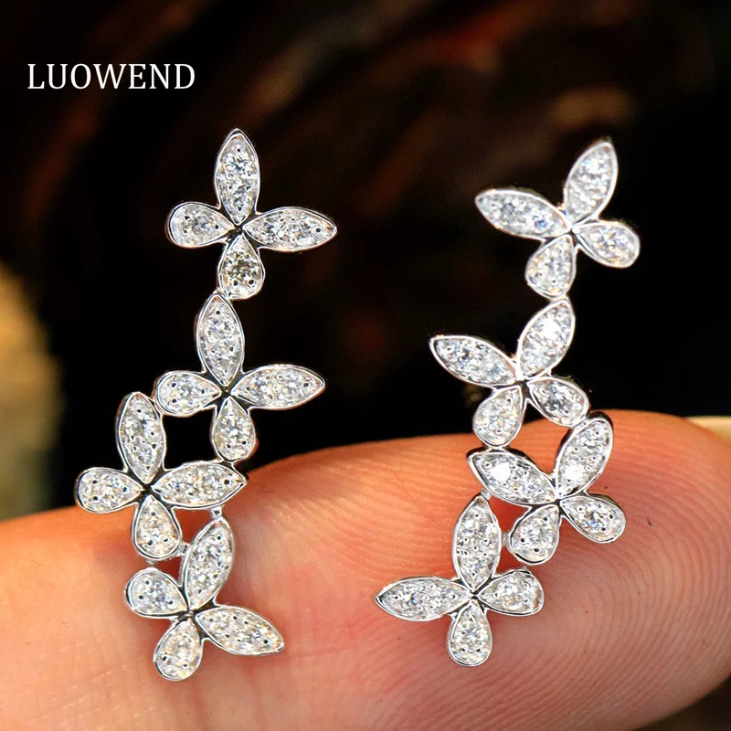 LUOWEND, pendientes de oro blanco de 18 quilates con un elegante diseño de mariposa, con diamantes naturales auténticos, ideales para mujeres y para ocasiones especiales.