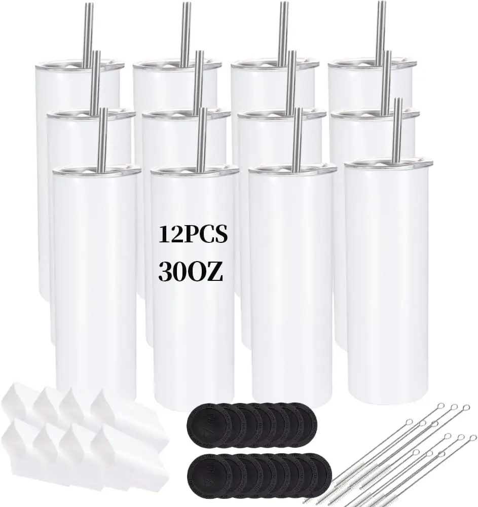 

12 Pack Sublimation Tumblers Bulk 30oz - Blank Straight Skinny Tumbler Stainless Steel Insulated Sublimation Tumblers