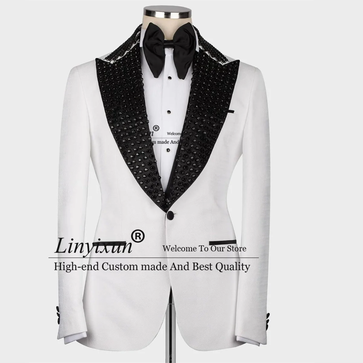 Elegent Crystal Men Suits Beaded Lapel Wedding Groom Tuxedos 2 Pieces Sets Male Prom Blazers Slim trajes elegante para hombres