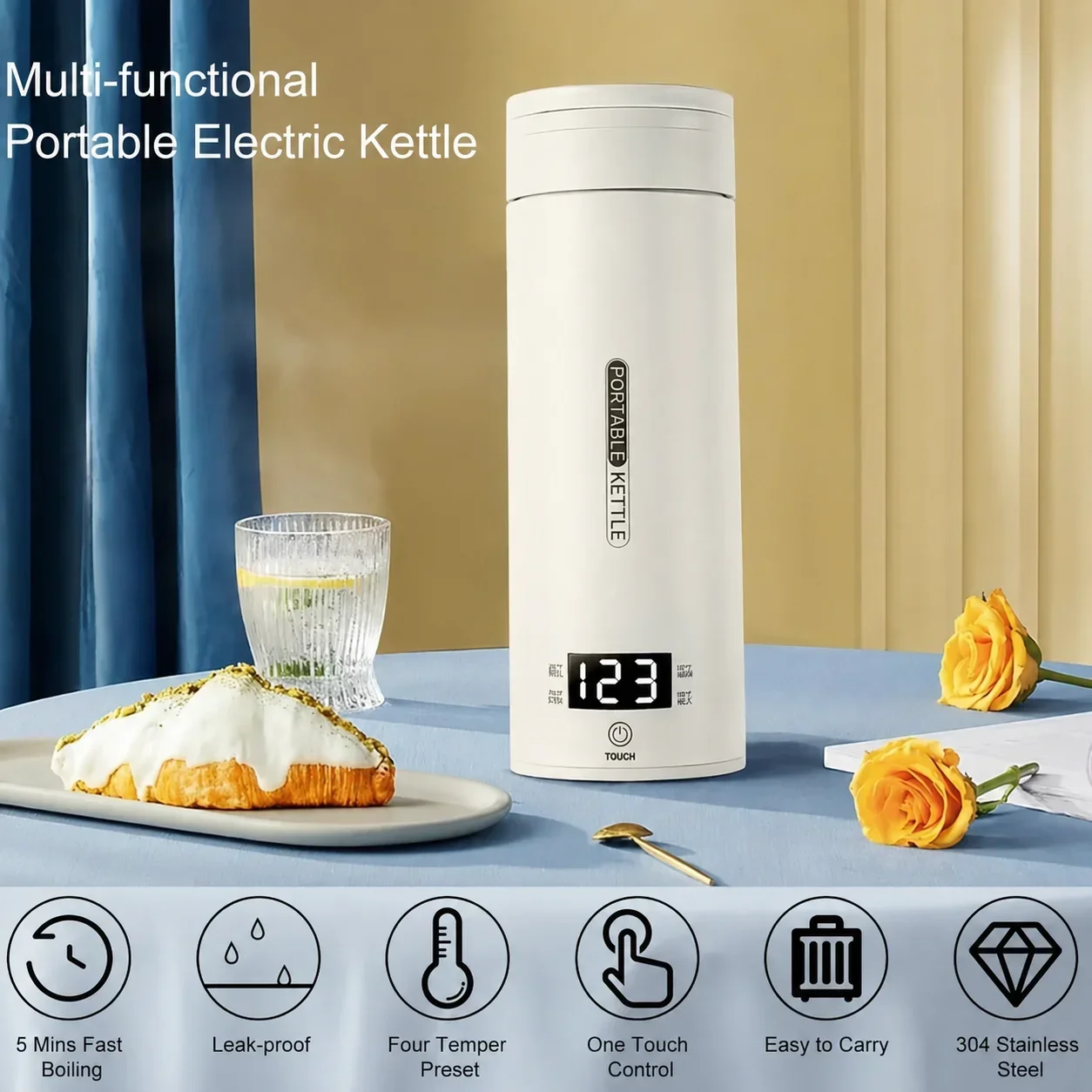 450ML Electric Kettles Portable Tea Coffee Kettle Travel Boil Water Thermal Cup Anti-Scald Water Bottle English Menu