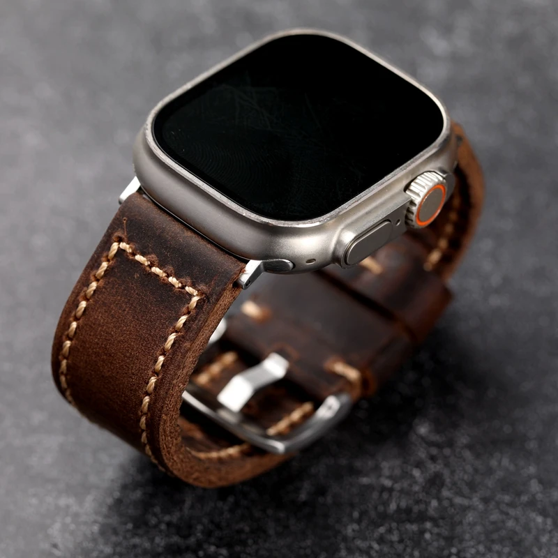 Dark Brown Head Layer Cowhide Leather Strap for Apple Watch Tough Guy Style 49MM 45MM 44MM 42MM Genuine Leather Strap, Thickened