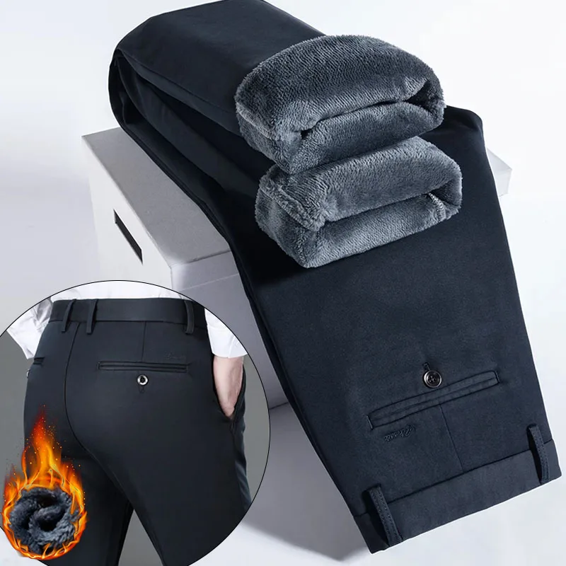 

Men's Office Plush Velvet Trousers Winter Warm Fleece Business Casual Pants Waist Straight Elastic Solid Color Workwear Pants