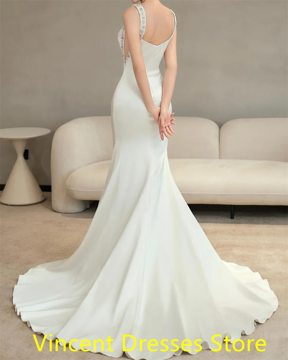 Personalizado sereia vestido de noite elegante camisa branca gola quadrada vestido de casamento clássico boné manga tribunal trem vestidos de noiva