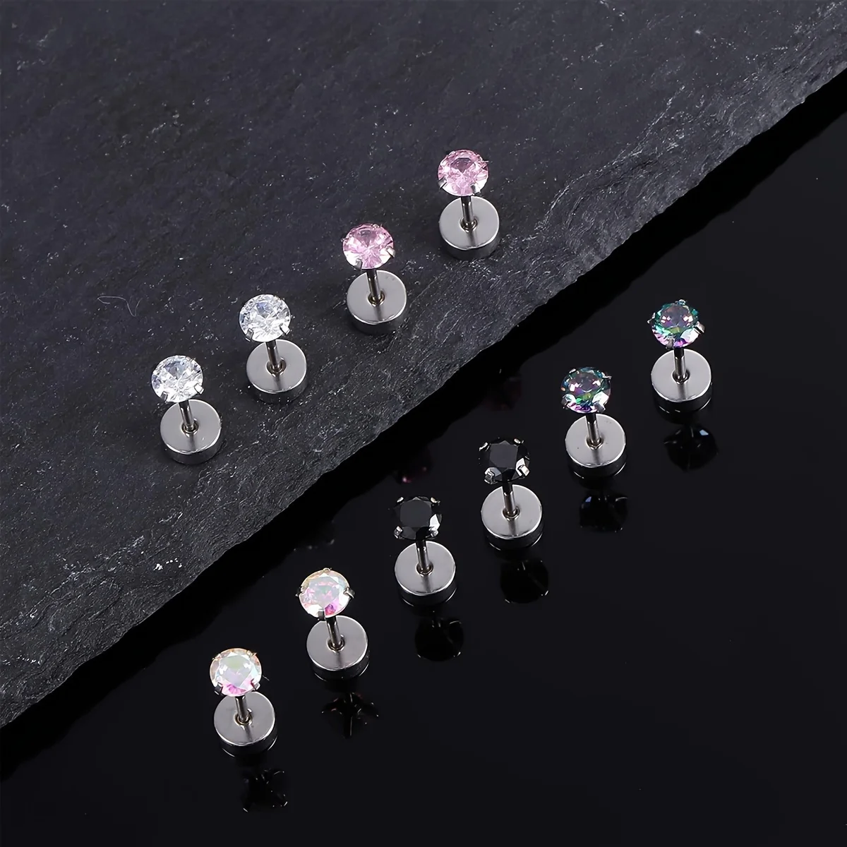 1 Pair Stainless Steel Round Cubic Zirconia Flat Back Stud Earrings Piercing Sleeper Cartilage Screwback Studs for Women Men