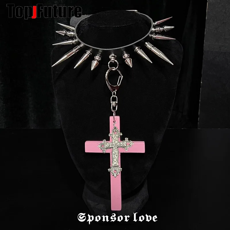 Harajuku Gothic women corss cosplay Punk necklace spike streetwear Subculture Spice Y2K Girl Collar Heart PU Leather choker