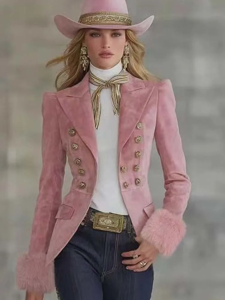 2026 New Suede Jacket Elegant Light Pink Female Blazer With Feather High Quality Smart Casual Stylish Coat Trajes De Mujer