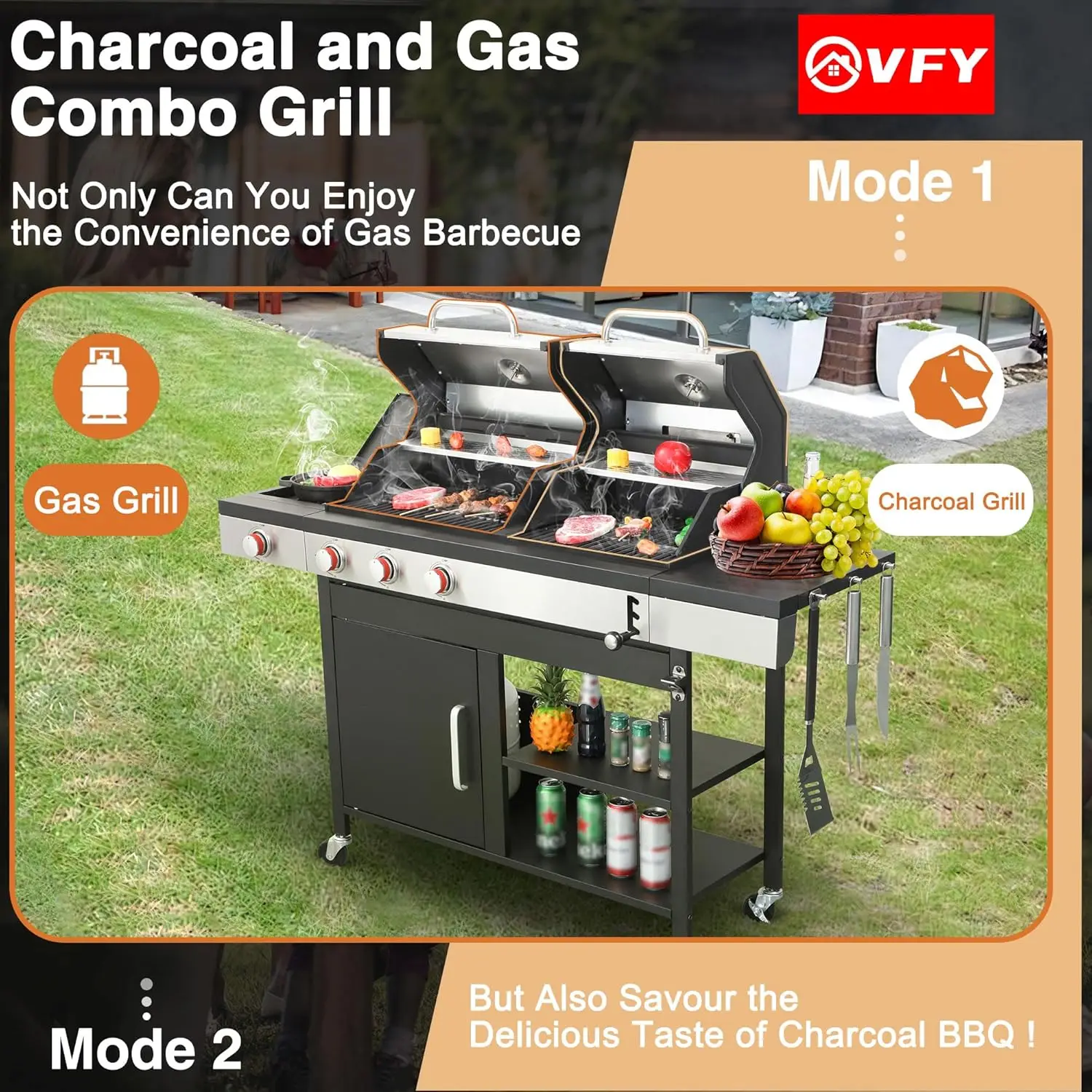 Propane Gas and Charcoal Grill Combo with Enameled Cast Iron Cooking Grids, BBQ Grill with Side Burner for Outdoor Patio Garden