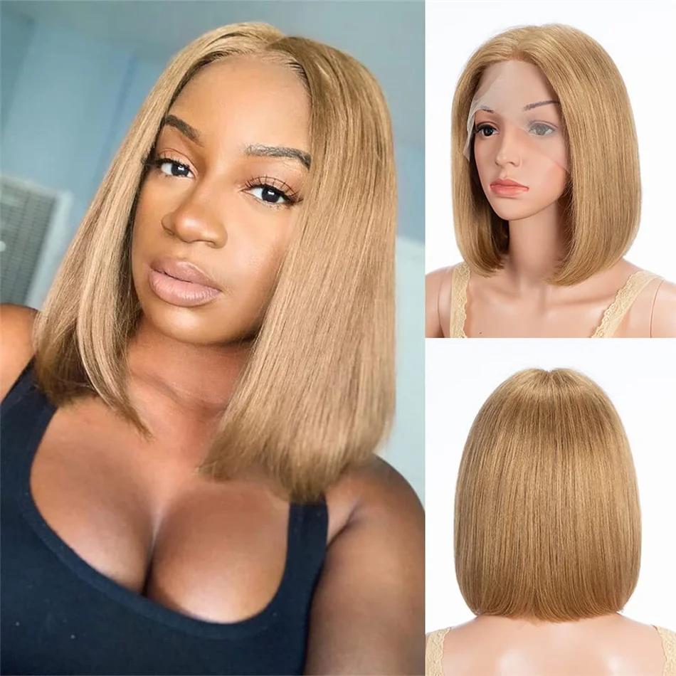 Sophia-Perruque Lace Front Wig Naturelle Lisse, Cheveux Humains, Blond Miel, Transparent HD, 13x4, #27, pour Femme