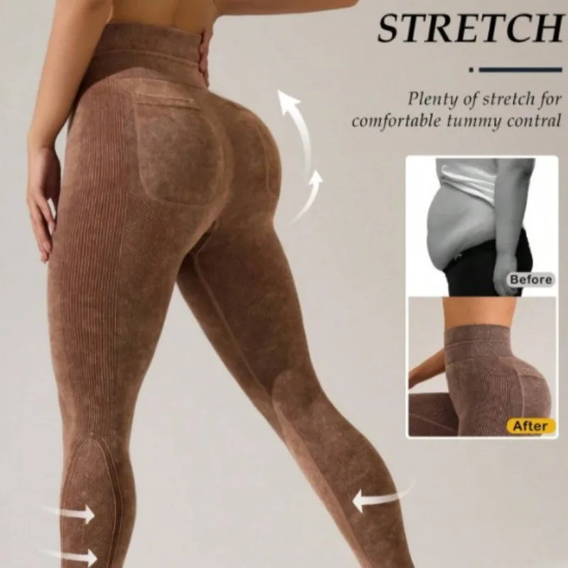 Women High Waist Yoga Leggings with Pockets Washed Textured Tummy Control Quick Dry Outdoor Running Fitness Sports Fashion Pants