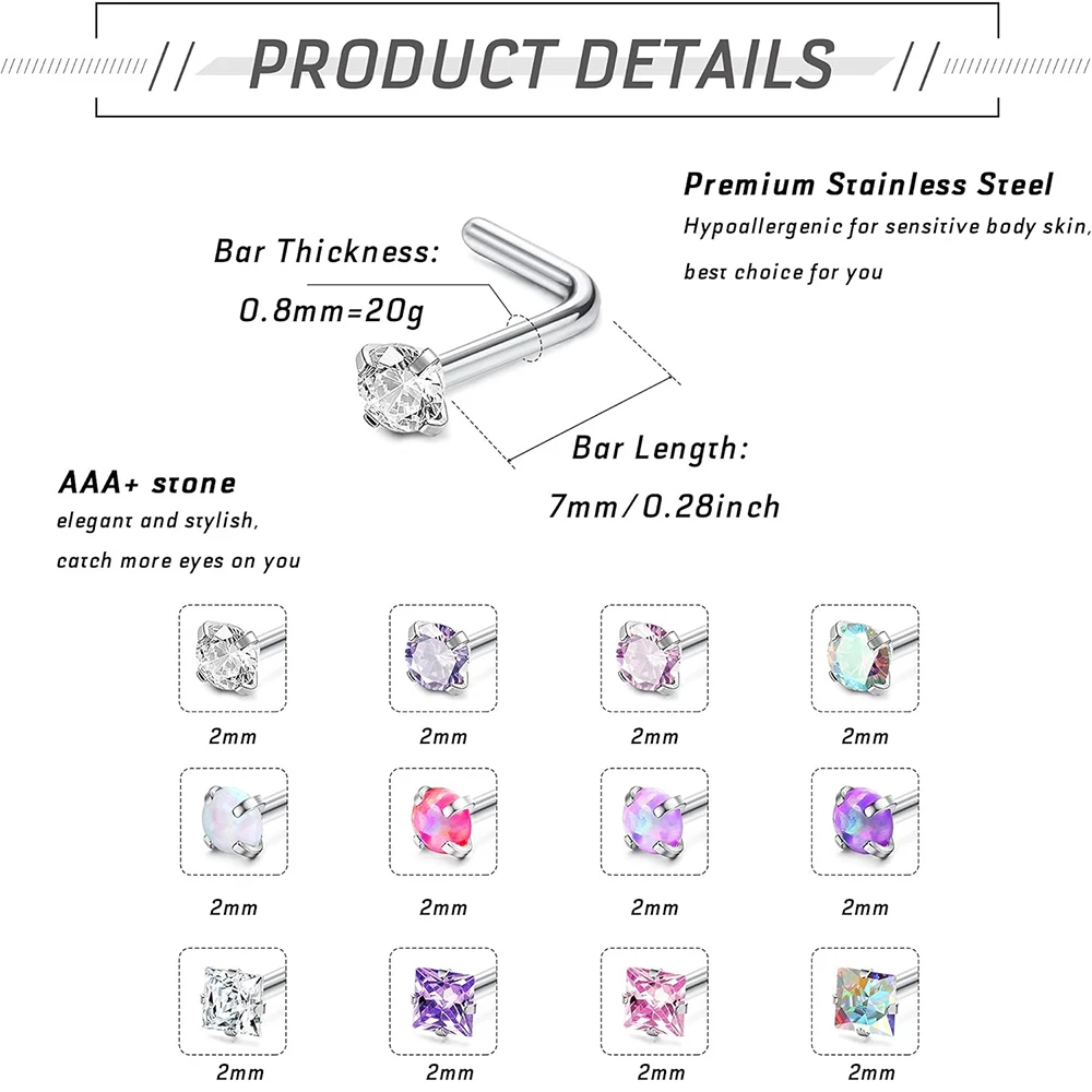 Oapl Cuban Zircon Nose Studs, 12Pcs