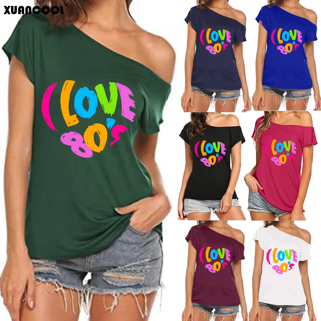 XUANSHOW 2024 Summer I Love 80s Heart Emotional Element T-shirt Sexy Off Shoulder Tops Short Sleeve Letters Printed Tee Shirt