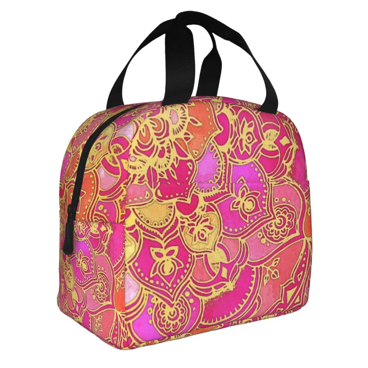 Hot Pink And Gold Baroque Floral Pattern Lunch Bag Men Women Cooler Warm Insulated Lunch Boxes for School