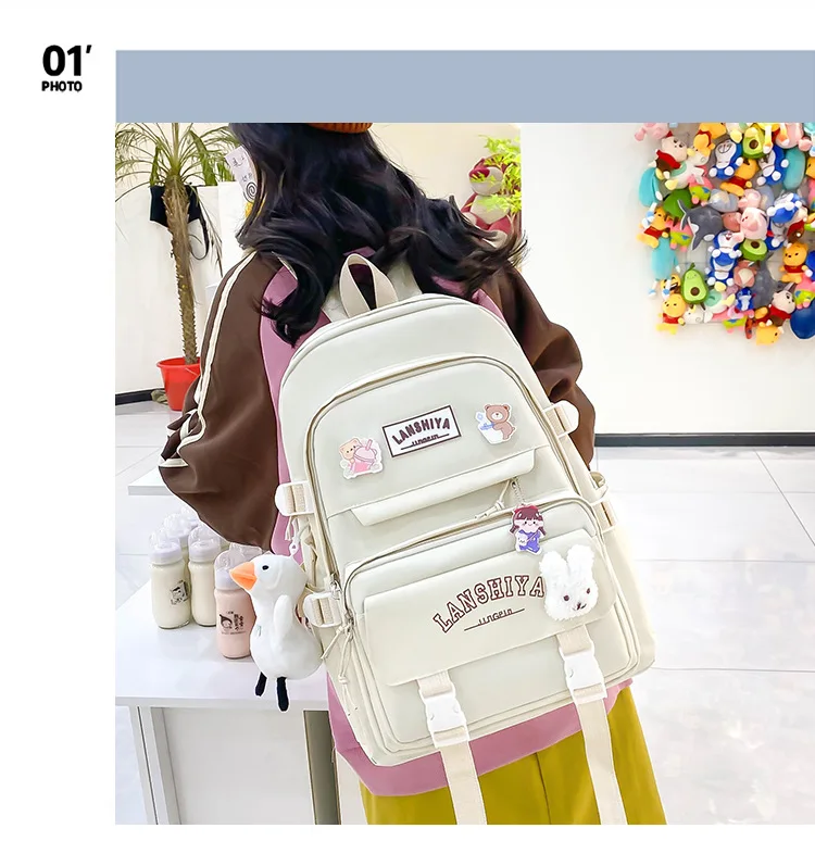 5-teiliges Set mit kostenlosen Anhängern im Waldstil, koreanische Version, lässiger Harajuku-Studentenrucksack für Mädchen mit großer Kapazität – Detail 2
