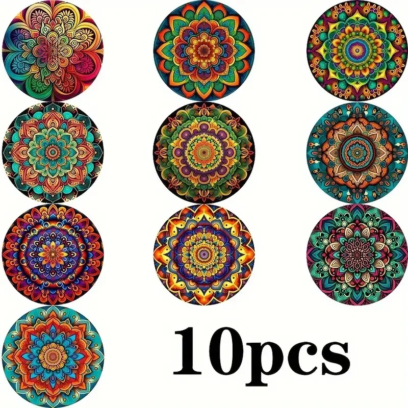 A Set of 10-Piece Wooden Coasters with Iridescent Mandala Flower Patterns Is Suitable as a Gift for Thanksgiving and Christmas