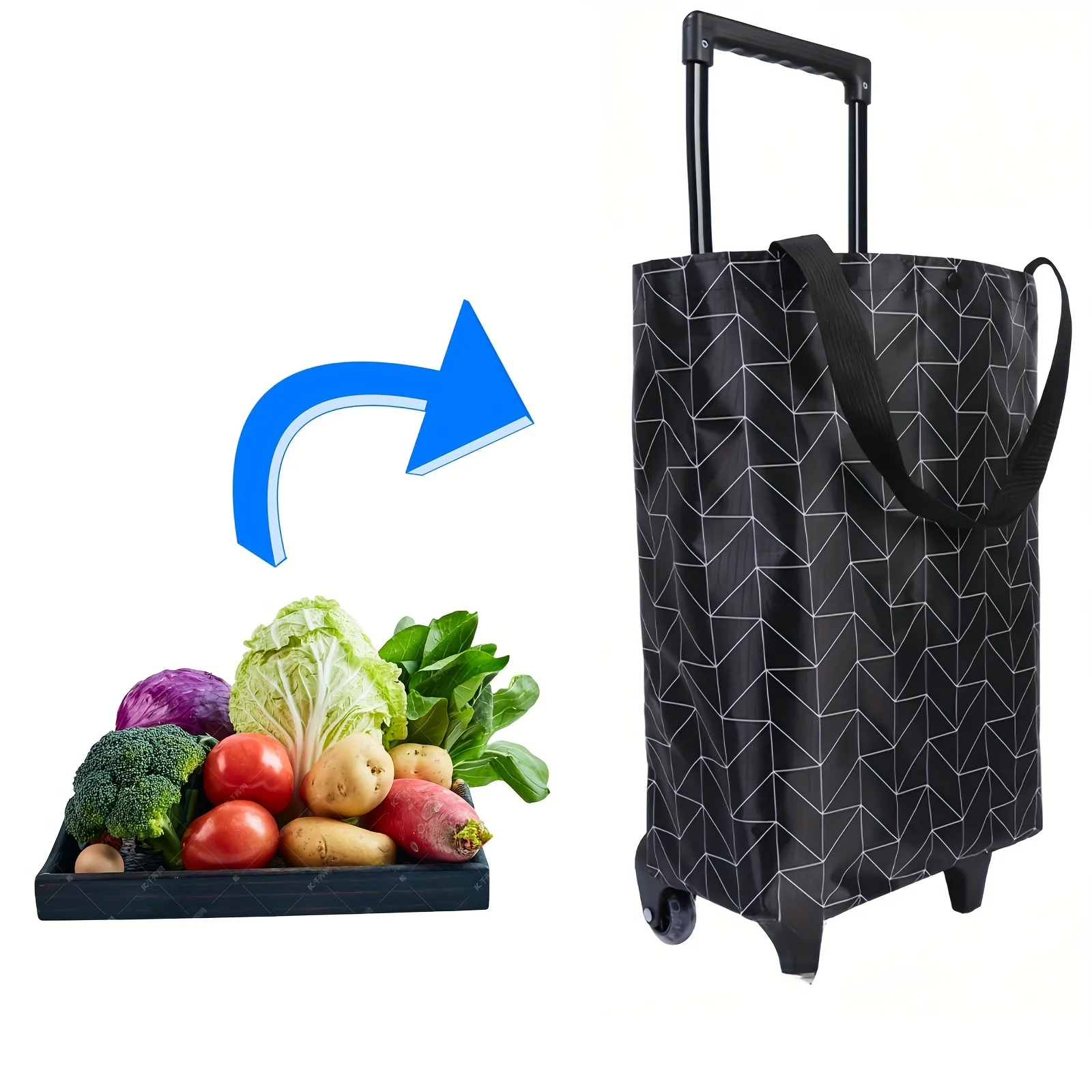 1 PC Patterned Portable Shopping Cart, Small Trolley, Foldable Tote Bag, Laundry Basket with Wheels, Laundry Hamper