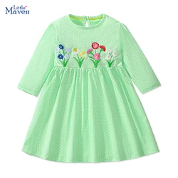 Little maven 2024 Spring Autumn Cotton Baby Girls Kids Clothes Embroidery Cartoon Flowers Casual Long Sleeves Dresses 2-7 year