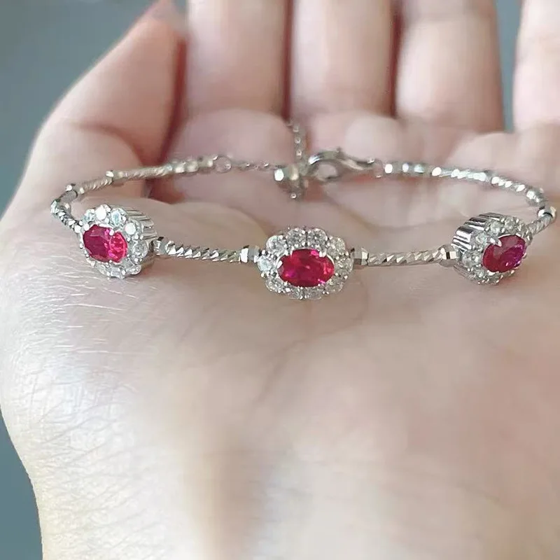 

Jewelry S925 Silver New Year Red Gemstone Bracelet Ribbon Rupee Elastic Bangle
