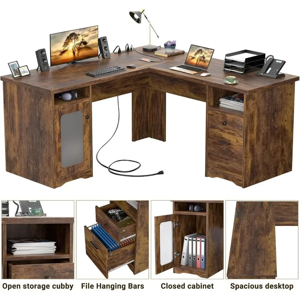 L Shaped Office Desk With Drawers, 60 Inch Corner Desk With Power Outlet And USB Charging Port, Large Computer Desk With File CM