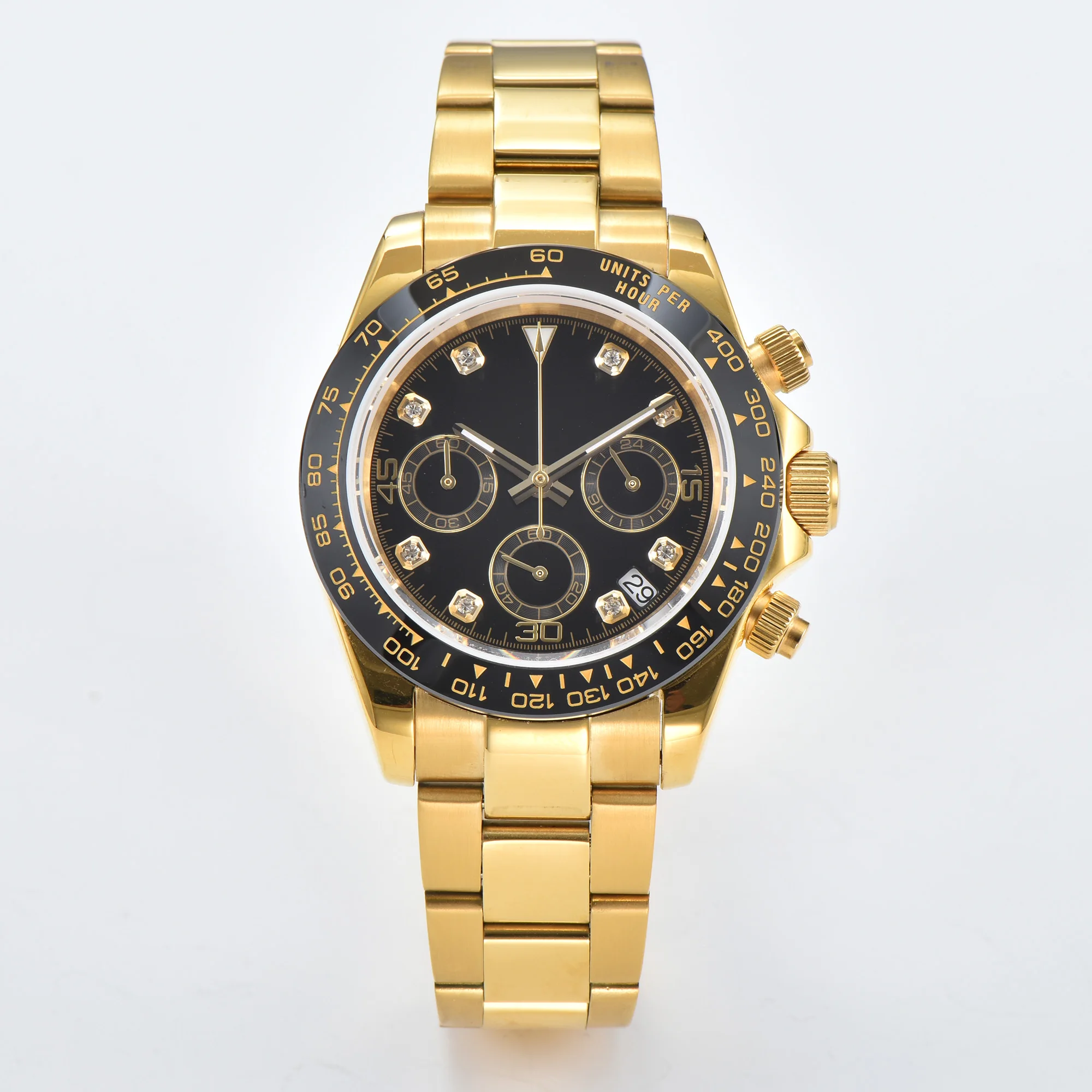 Reloj de cuarzo para hombre con cristal de zafiro multifuncional, esfera estéril personalizada de 40mm, cronógrafo con caja dorada, pulsera de acero inoxidable