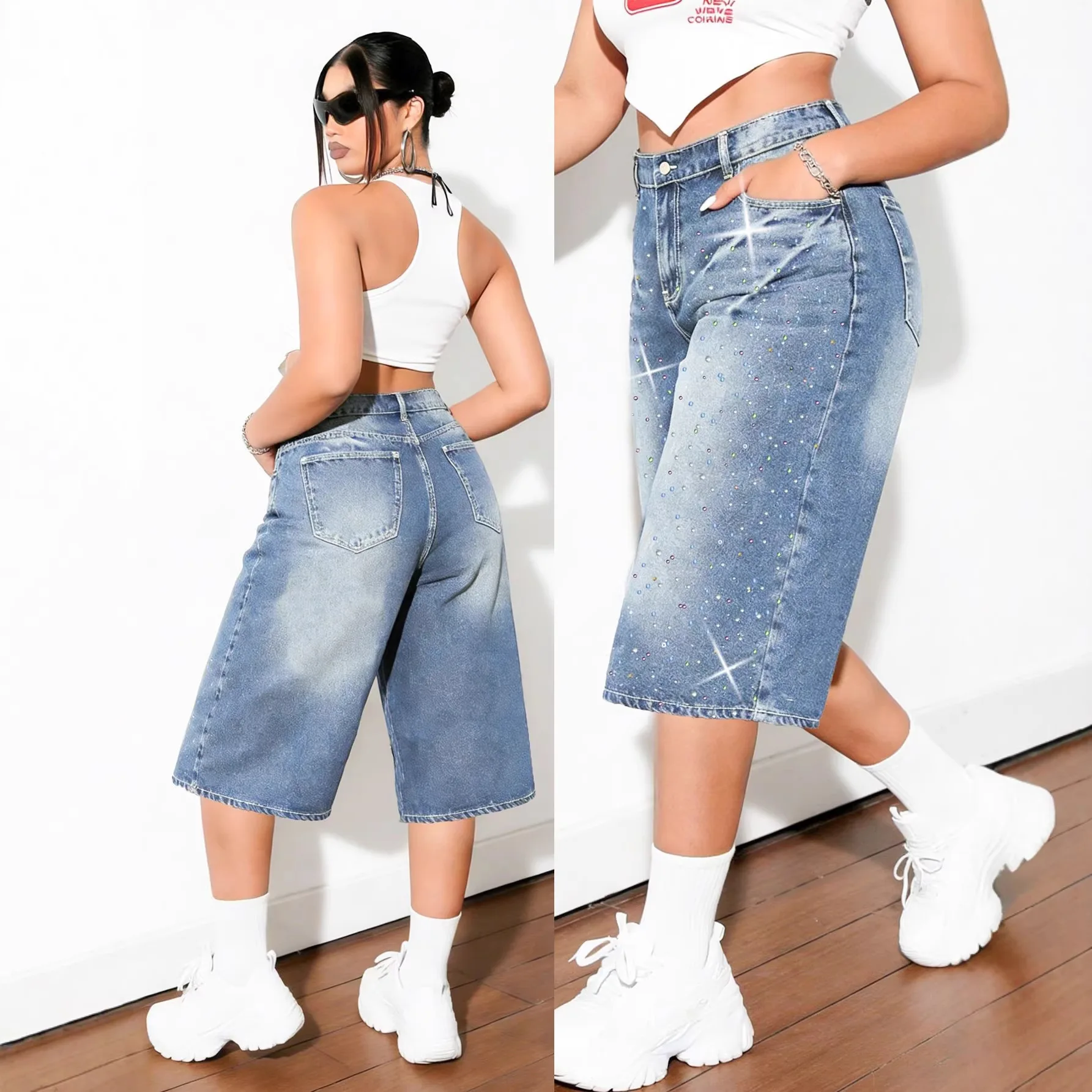 

Women Rhinestone Wide Leg Cropped Jeans Slim Casual Denim Capri Pants