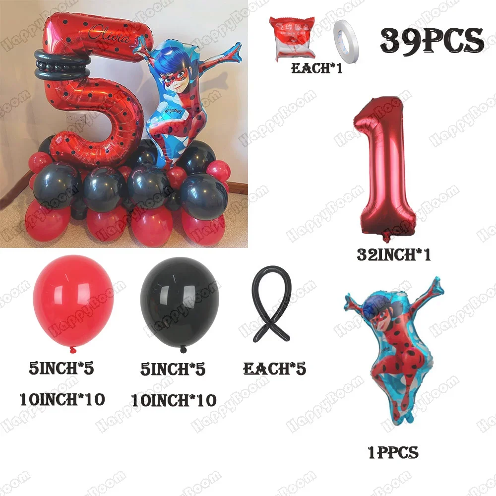 39pcs Ladybird Girl Theme Balloon Set Red Black Latex Balloons Miracle Girl Birthday Party Decoration Items Baby Shower Toy Gift
