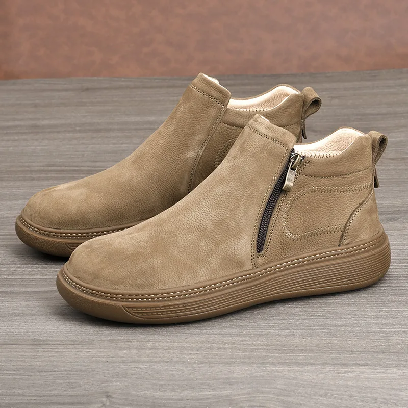 High Quality First Layer Cowhide Cotton Shoes 2026British Style Soft-soled Boots Thick-soled Velvet Snow Boots Warm and Non-slip