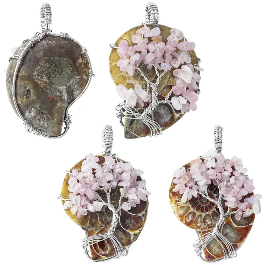 

Natural Unique Ammonite Pendant Wire Wrapped Life Tree Conch Shell Snail Spiral Charms For Jewelry Making