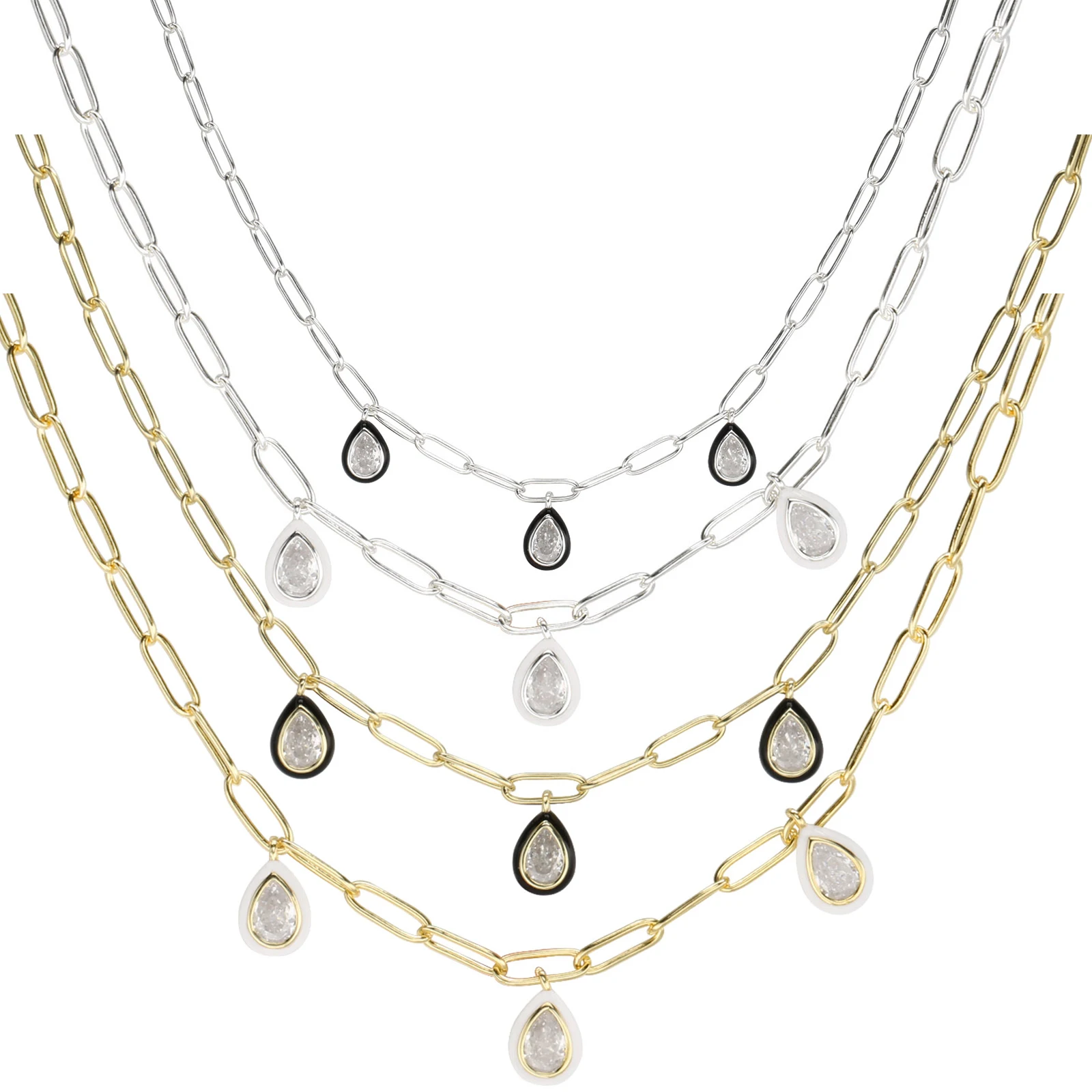 

Серебряные колье-подвески 925 пробы в форме груши с черно-белой двухцветной эмалью и цирконами, цепочка-скрепка, женское колье-чокер в форме капли