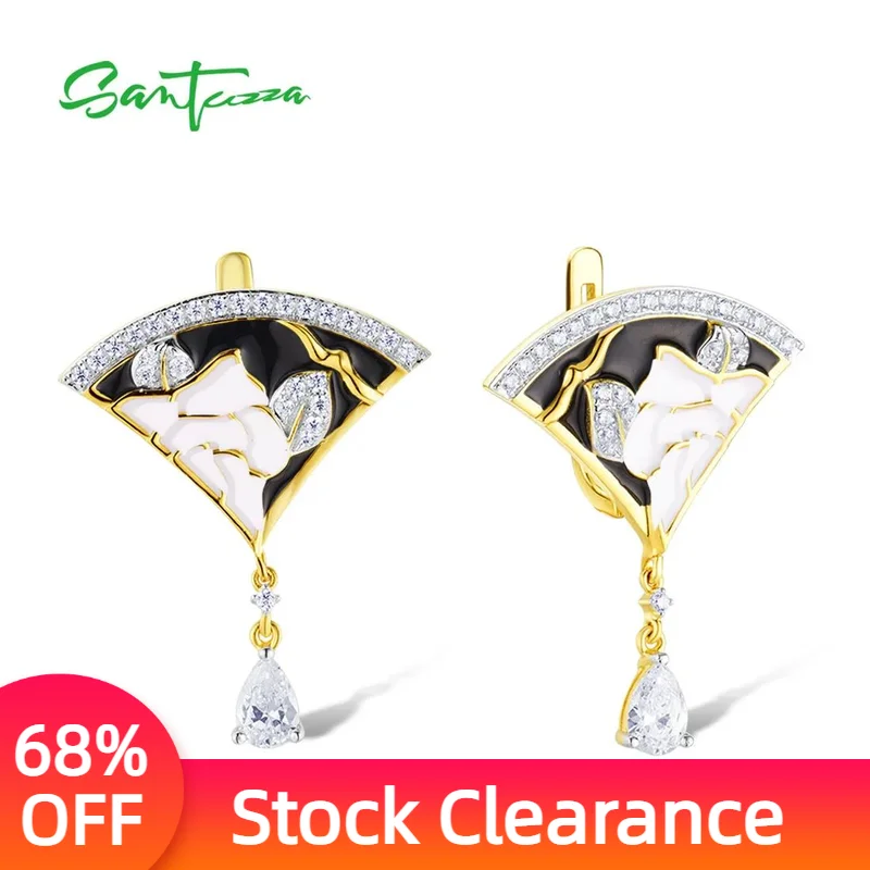

SANTUZZA 925 Sterling Silver Earrings For Women Oriental Flower White/Black Enamel Fan Dangling Earrings Fine Jewelry Handmade
