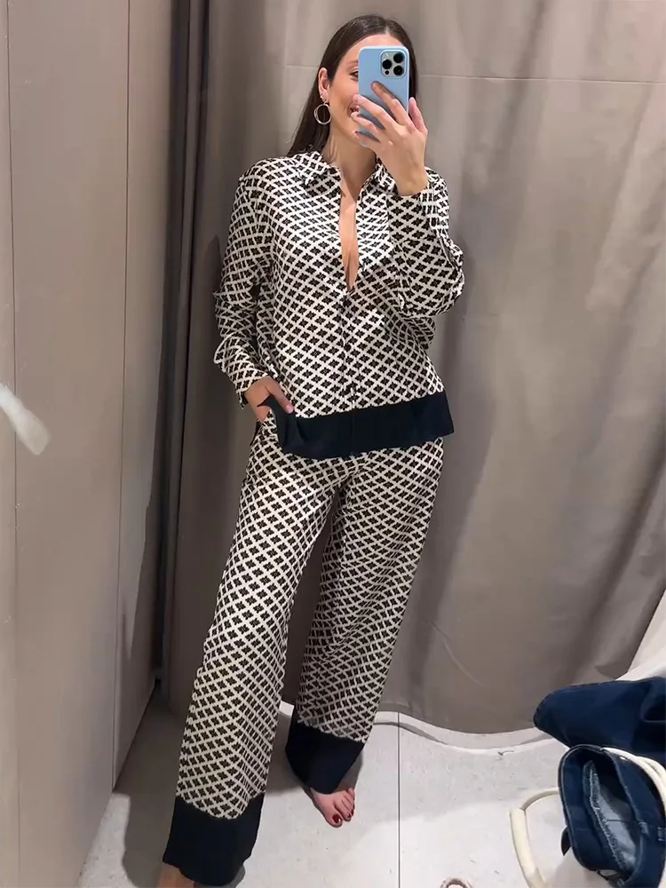 Spring Co Ord Set 2024 Fashion Vintage Print Casual Women 2 Piece Set Outfit Long Sleeve Shirt And Trousers New In Matching Sets