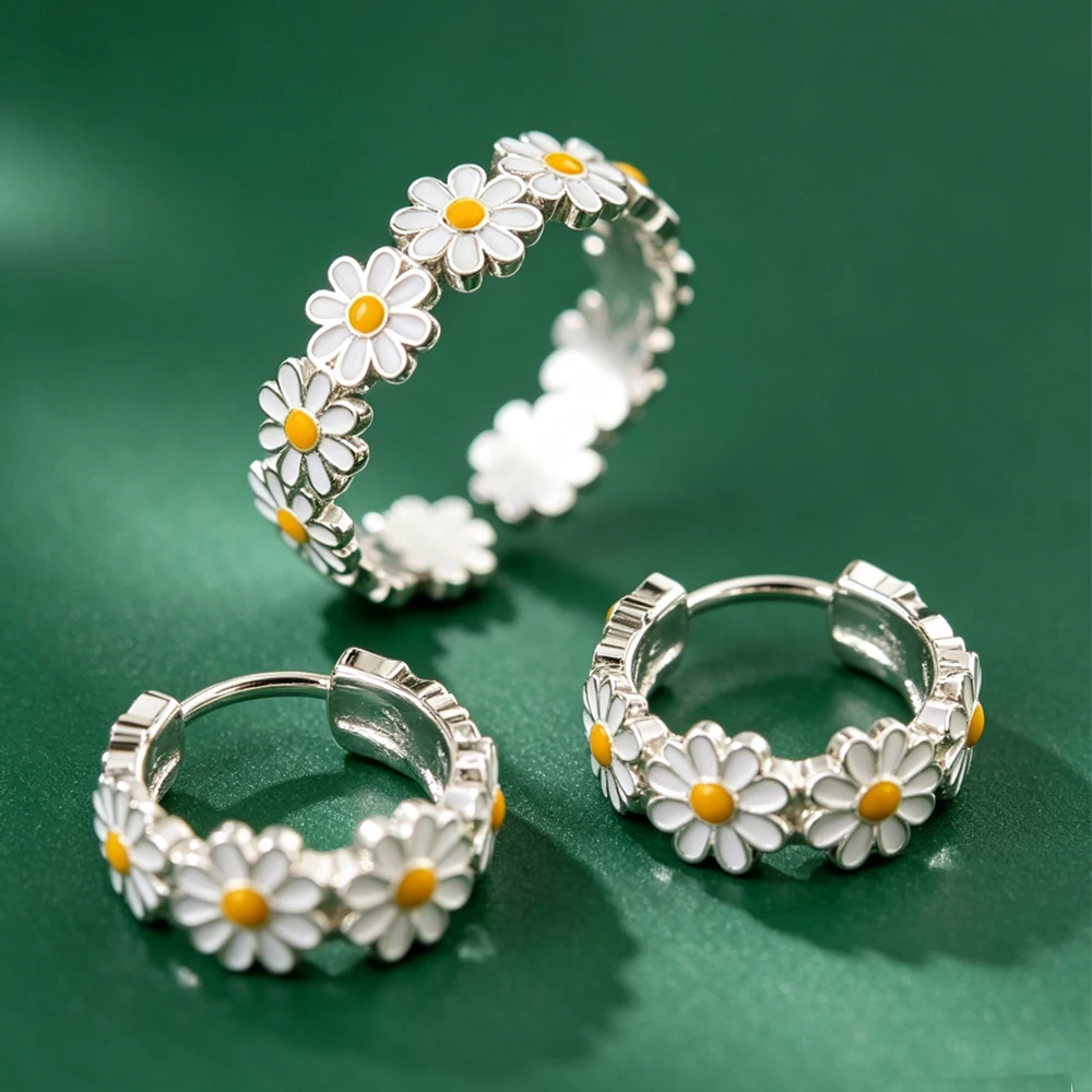 ZAKOL 3 Styles Daisy Flowers Fashion Accessories Adjustable Open Ring Earrings Set for Women Girls Korean Cute Ear Jewelry