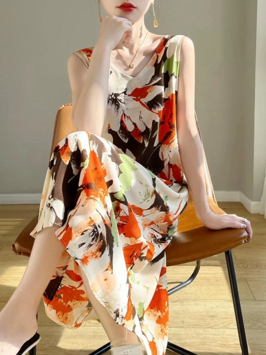 กระโปรงทรงเอ ผ้าซาตินอะซิเตท ลายดอกไม้พิมพ์ลายไท-ได แบบจีนใหม่ ประจำฤดูร้อน 2024 สำหรับผู้หญิง