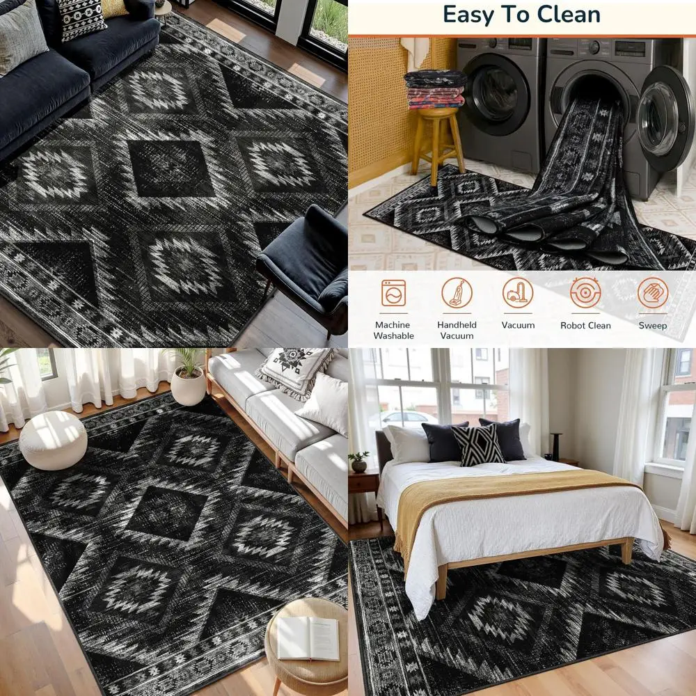 

Machine Washable 5x7 Non-Slip Low Pile Western Print Area Rug for Living Spaces and Bedrooms - Black Tribal Series