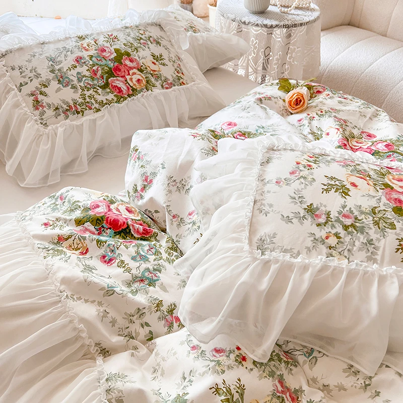 Imagem -06 - White Princess Lace Bedding Grupo 100 Algodão Ruffles Duvet Cover Luxo Impressão de Flores Saia de Cama Fronha Home Textile Pcs Pcs