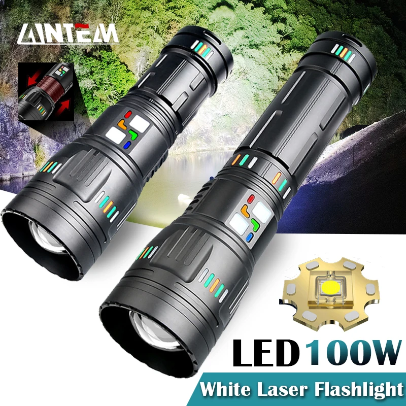 Powerful 100W LED Flashlight Long Range 5000m Charging Zoom Emergency Flashlight Outdoor Flashlight WIth Glow Display Function