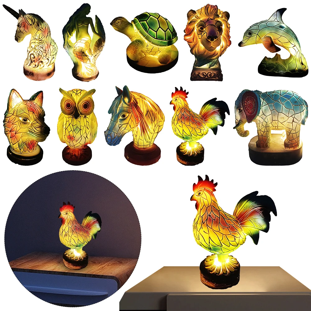 

Colored Glass Animal Series Table Night Light Resin Stained Table Lamp Owl Horse Rooster Elephant for Living Room Bedroom Office