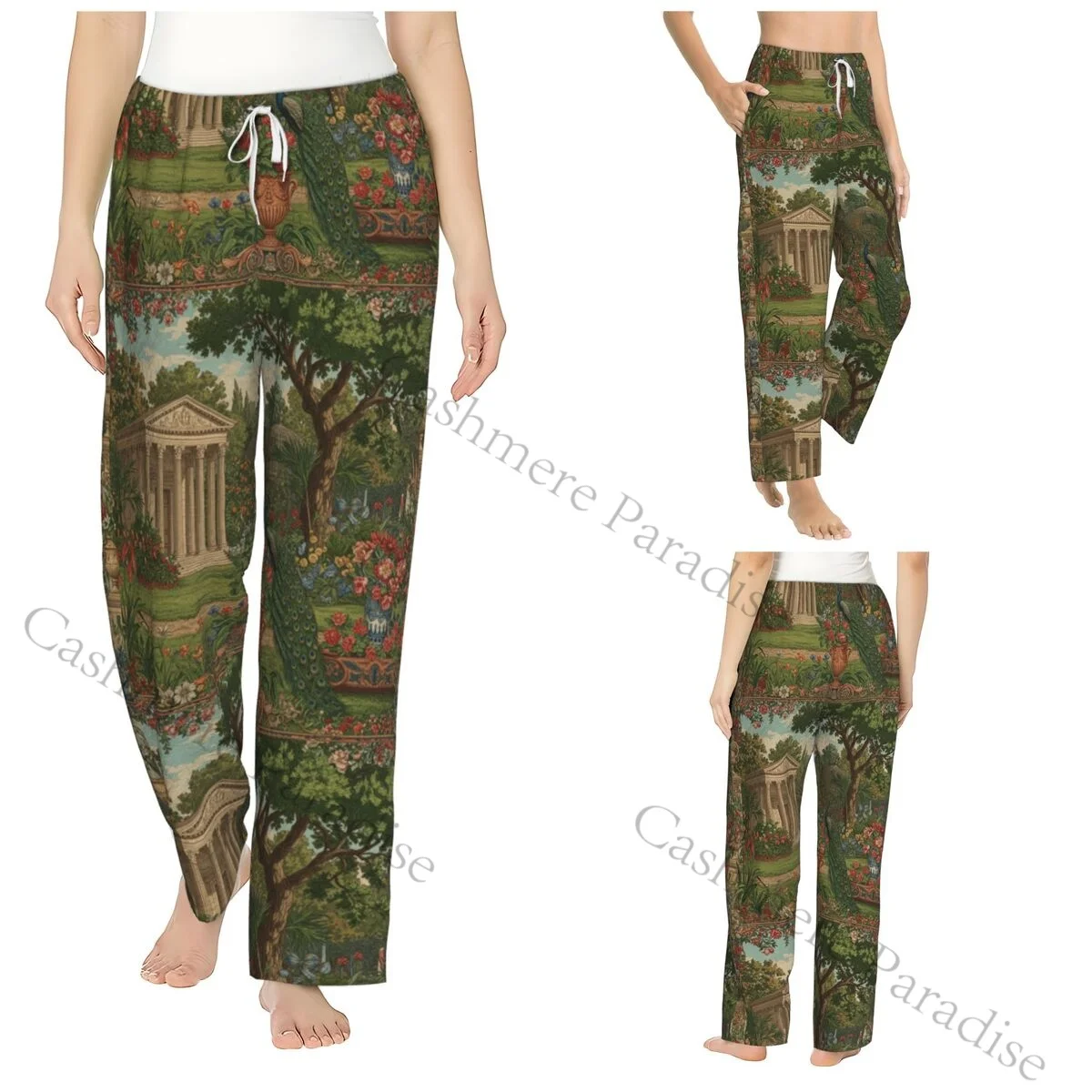 Mughal Garden Flanell-Pyjamahose mit Pfauen- und Vogelbogen für Damen, weiche, warme Schlafhose mit elastischem Bund