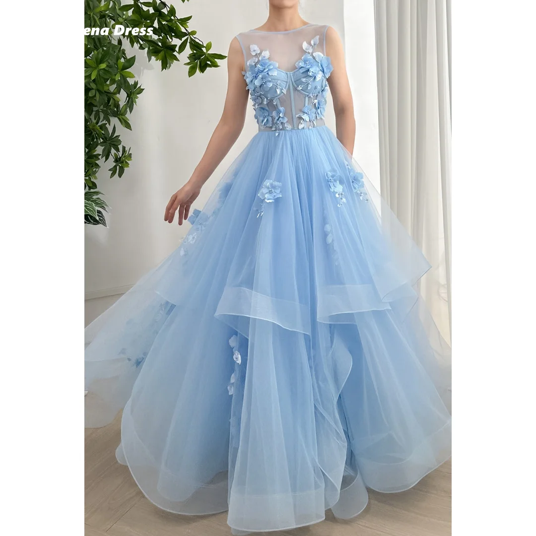 Lena Wedding Guest Dress Women Evening Dress Woman Sky Blue Elegant Evening Dresses for Women Luxury Round Neck Sleeveless Party