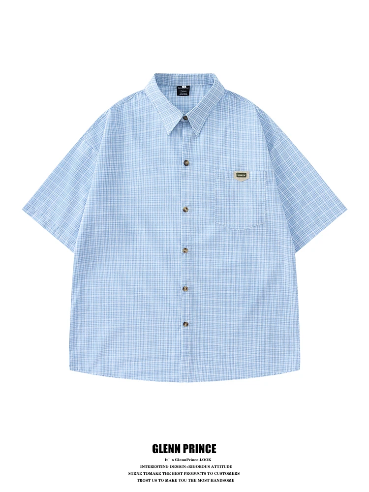 

Blue Plaid Short Sleeve Casual Shirt Men's Summer 2026 New Style Dopaamine Loose Fit Polyester Cotton Blend Comfortable Breat...